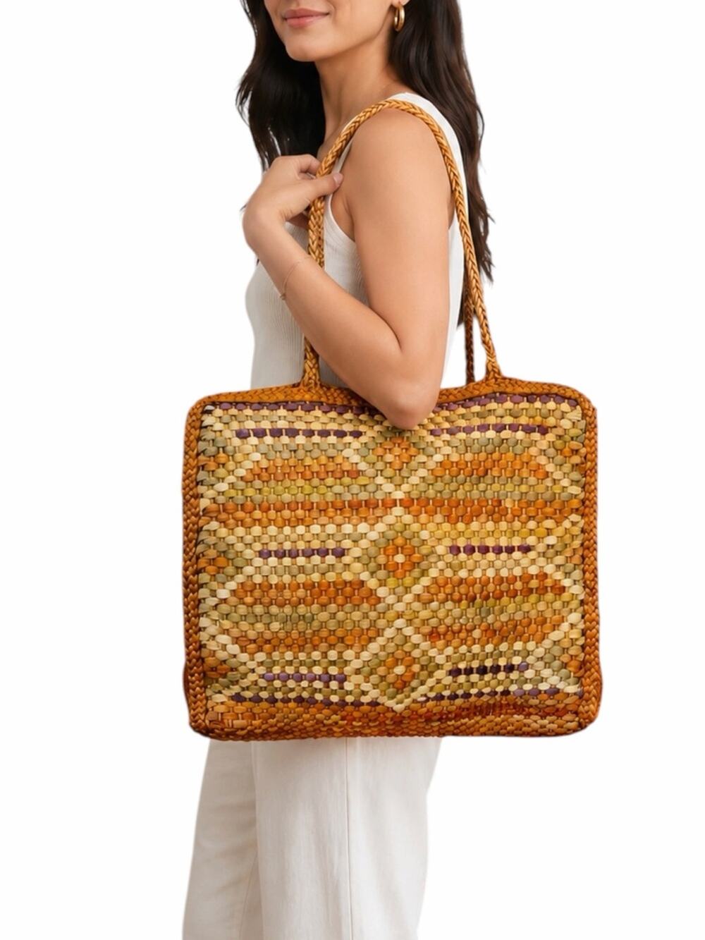 Vintage Handwoven Raffia Tote Bag Market Beach Shopper Natural Woven Boho Tan - Picture 1 of 11